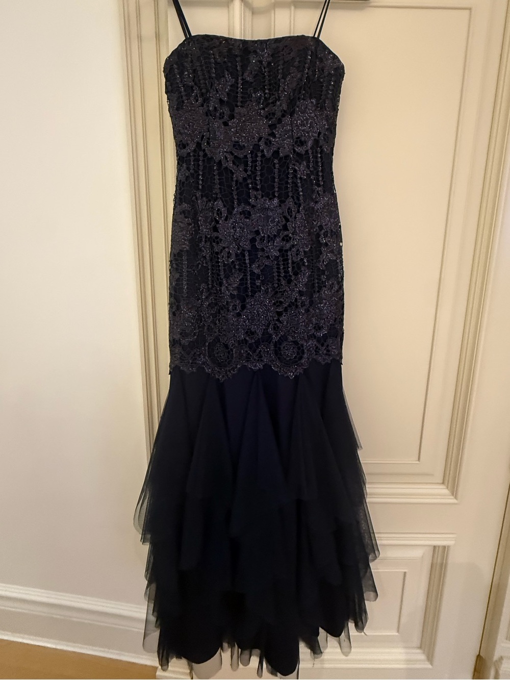 Aidan Mattox Navy Blue Beaded Strapless Tiered Tulle Gown